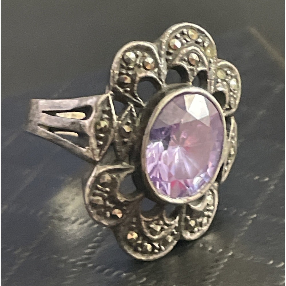 Vintage Sterling Silver Marcasite Ring Cocktail Purple 925 Size 6.25